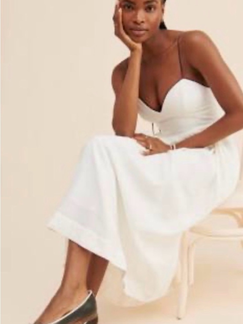 Maeve Linen Midi Dress White Navy Contrast Seamed Anthropologie Pockets Smocked - Picture 9 of 16